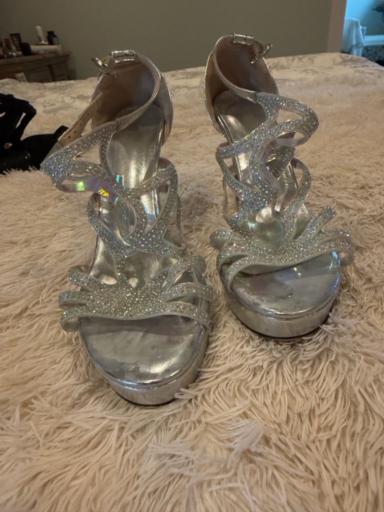Women's Silver Glitter Strappy Platform Heels With Ankle Strap